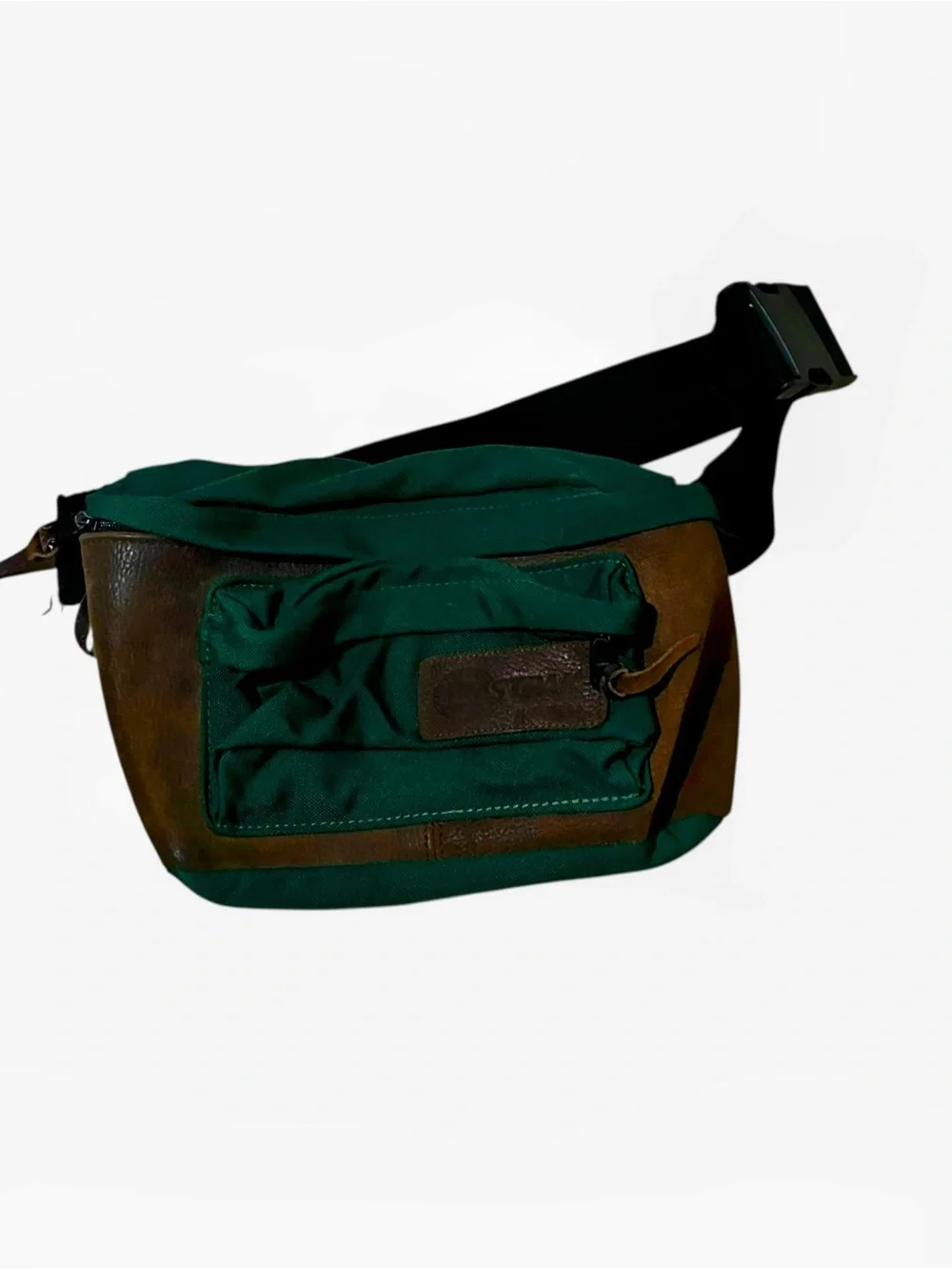 Vintage 90s Eastpak green and Brown Leather and Canvas Waist belt Bag Fanny Pack